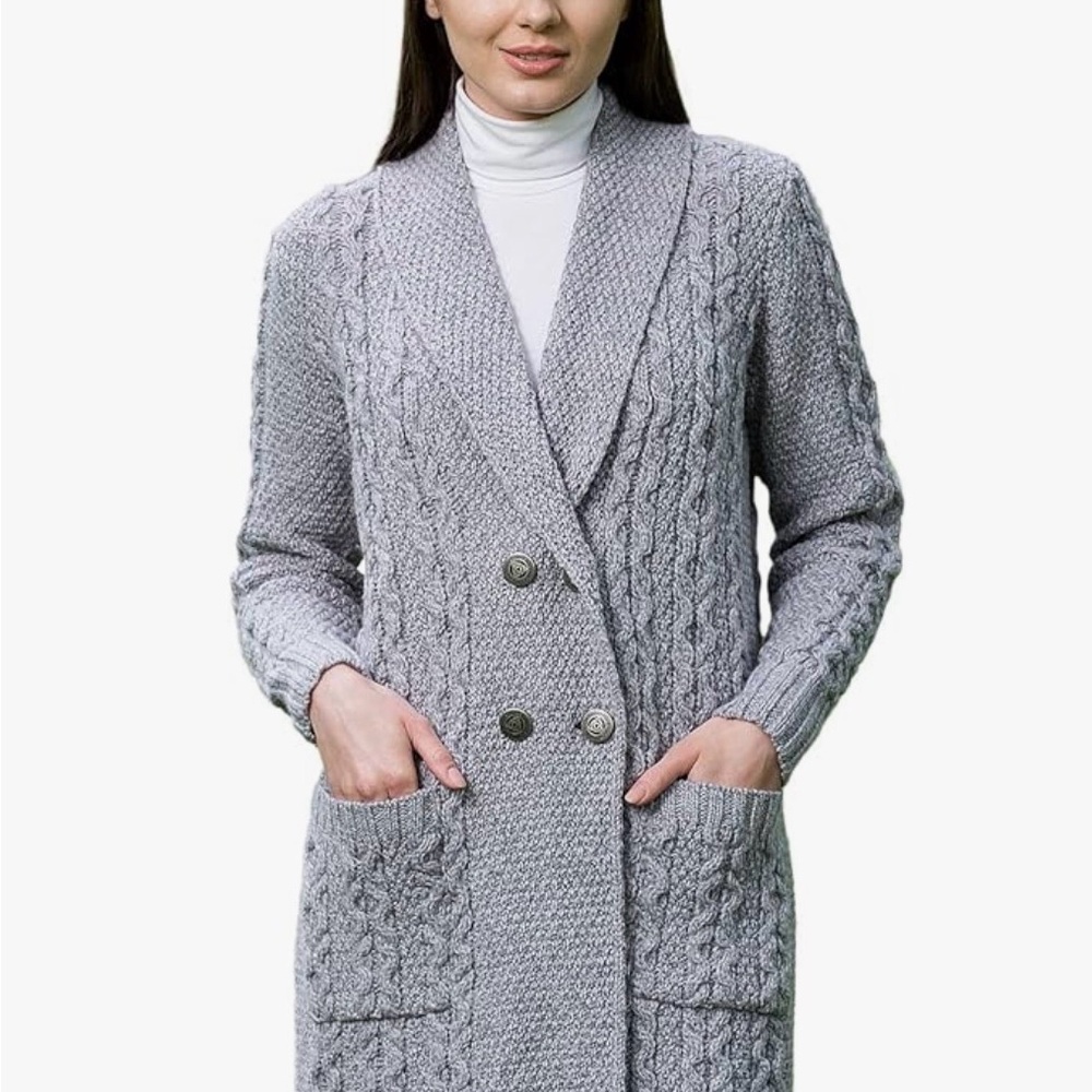 SAOL Women's M Merino Wool Irish Aran Shawl Collar Double Breasted Cardigan